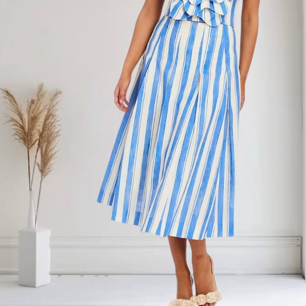 Mestiza New York Seville Midi Skirt Sz 12 Santorini Stripe Linen Blend NWT